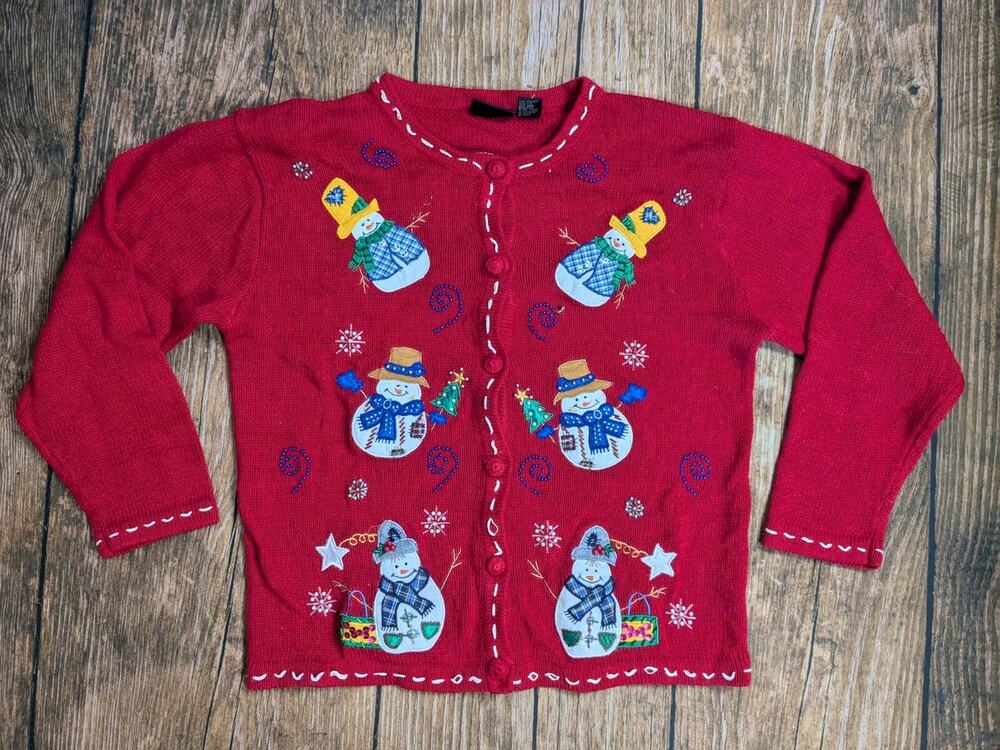 Vintage In Resource Women's Red Snowman Embellished Cardigan Sweater Size Large